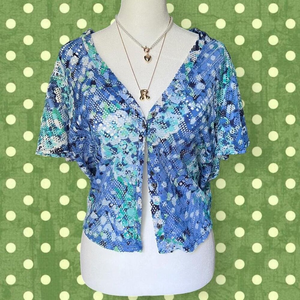 Vintage Style Blue and Green Light Knit Floral Top Button Flowy